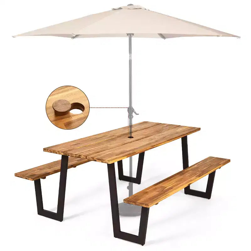 Costway Patented Picnic Table with 2 Benches 70'' Dining Table Set with Seats and Umbrella Hole