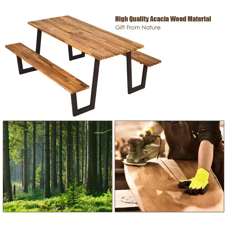 Costway Patented Picnic Table with 2 Benches 70'' Dining Table Set with Seats and Umbrella Hole