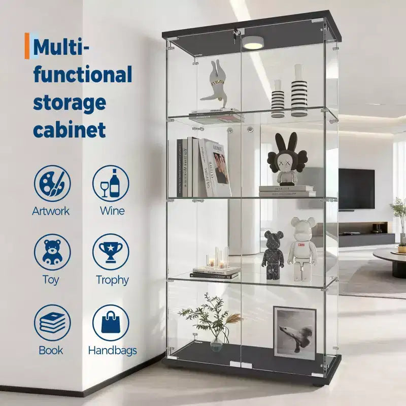 4-Tier Tempered Glass Display Cabinet, Full-Glass Curio Case with LED Lights & Human Body Sensor, Storage Cabinet for Collectibles & Decor