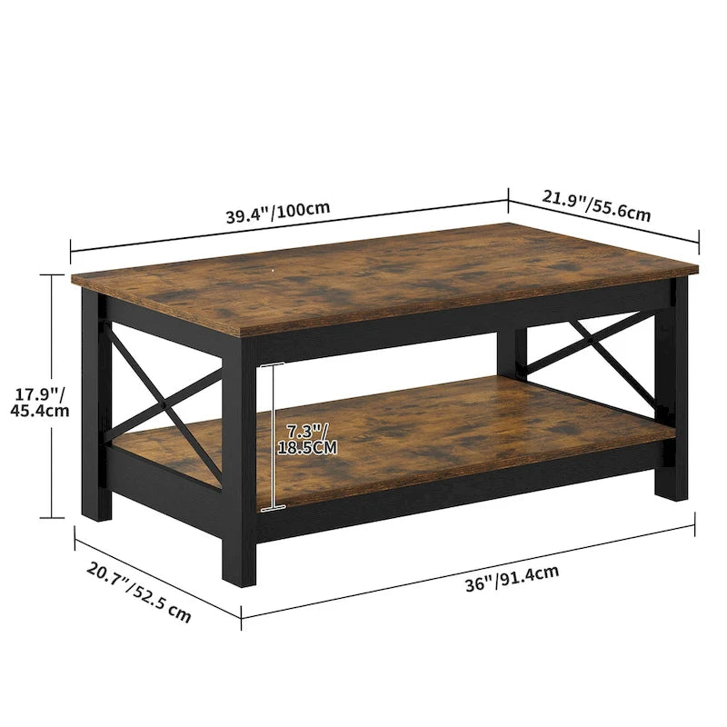 Farmhouse Wood Accent Coffee Table with Large Storage Shelf