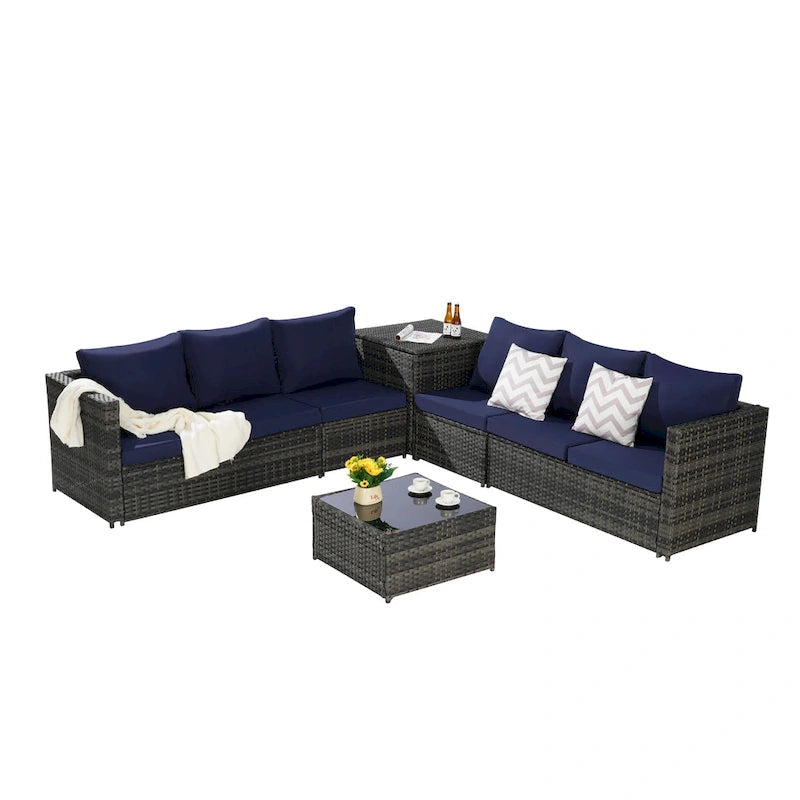 6-Piece Wicker Sectional Sofa Set with Corner & Glass Table