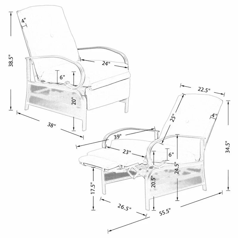 Adjustable Recliner Lounge Chair Patio Lounge Sofa with Cushion - 38 (D) x 26.5 (W) x 38.5 (H) INCH