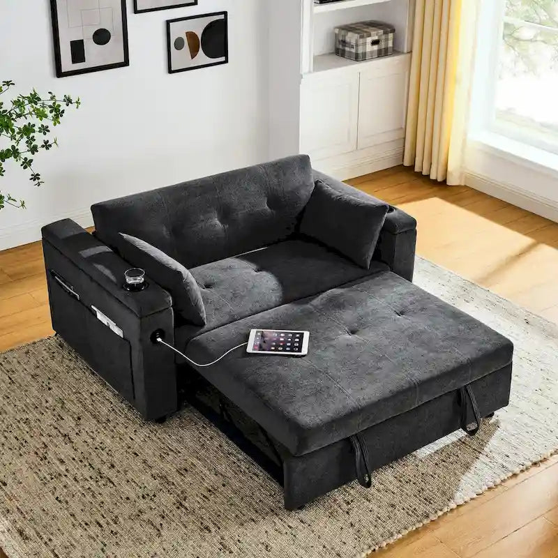 54 Pull-Out Sleeper Sofa Bed, 2 Seat Recliner Sofa Bed with Storage, Lumbar Pillow, USB Power Outlet