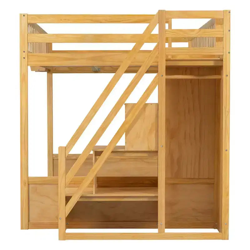 Queen Loft Bed Frame with Staircase, Wardrobe & Storage Shelves - MDF, 650 lb