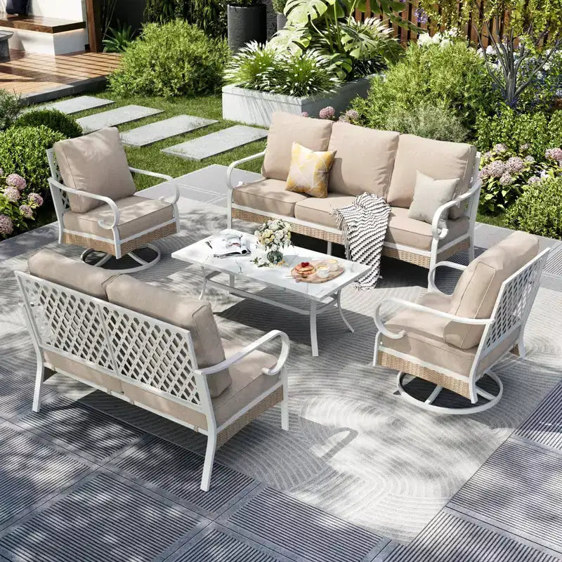 Captiva Designs Ensemble de conversation d'extérieur 5 pièces extra large en métal et rotin avec fauteuils pivotants à dossier en treillis et causeuse