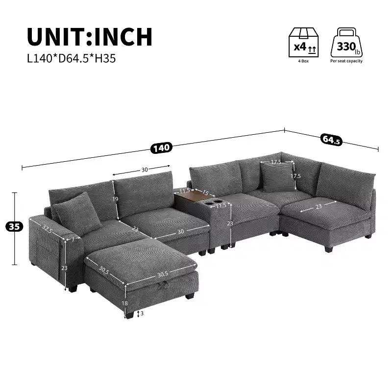 Canapé sectionnel modulaire surdimensionné Clihome 140 avec pouf de rangement mobile, porte-gobelet, siège large, chargeur USB, canapé en velours côtelé en forme de U à 6 places