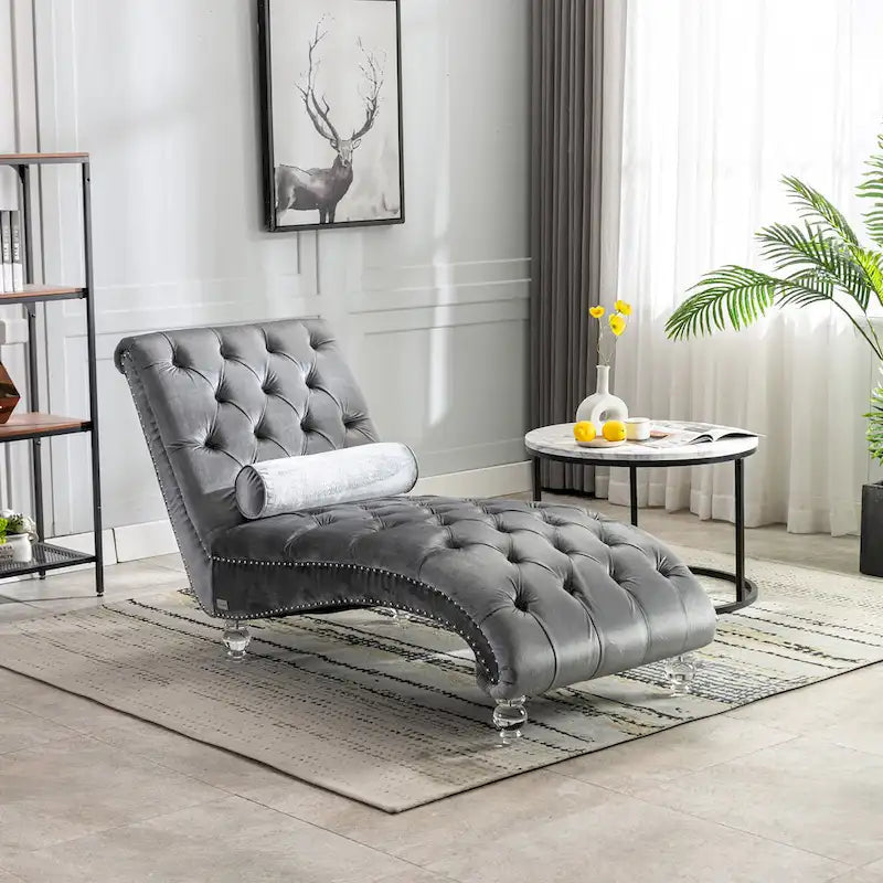 Chaise longue inclinable en velours capitonnée avec oreiller et pieds en acrylique