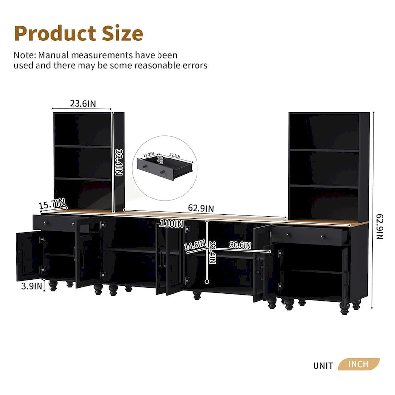 Black + Dark Walnut Farmhouse TV Entertainment Center with Bookshelves & Tempered Glass Doors for TVs Up to 70