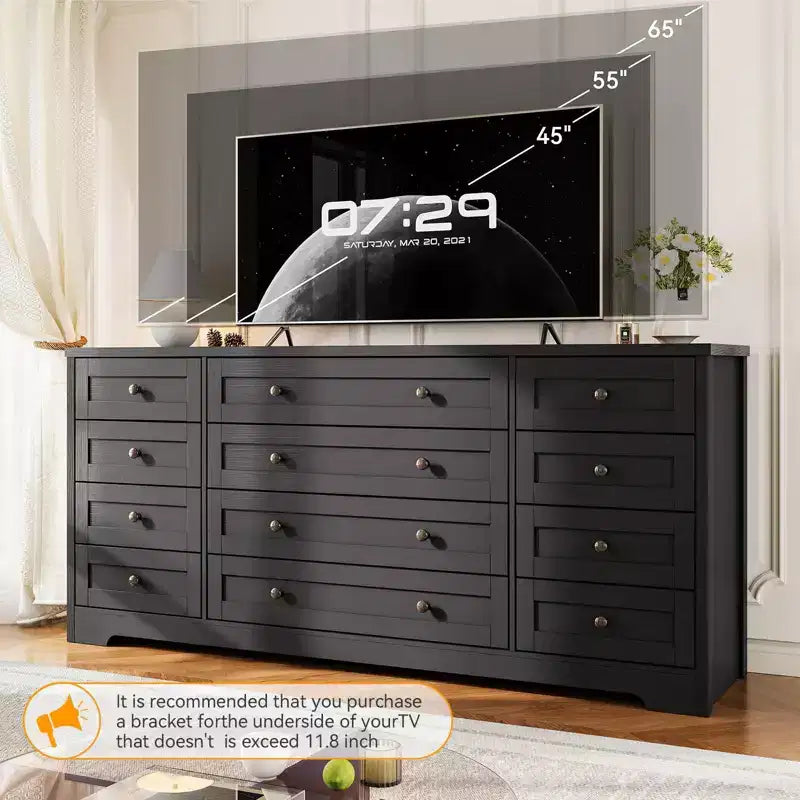 12 Drawers Dresser for Bedroom Wooden, Modern Wide TV Stand Dressers for 65 Inch TV, Wood Chest of Drawers, Farmhouse Clothes Storage for Living Room