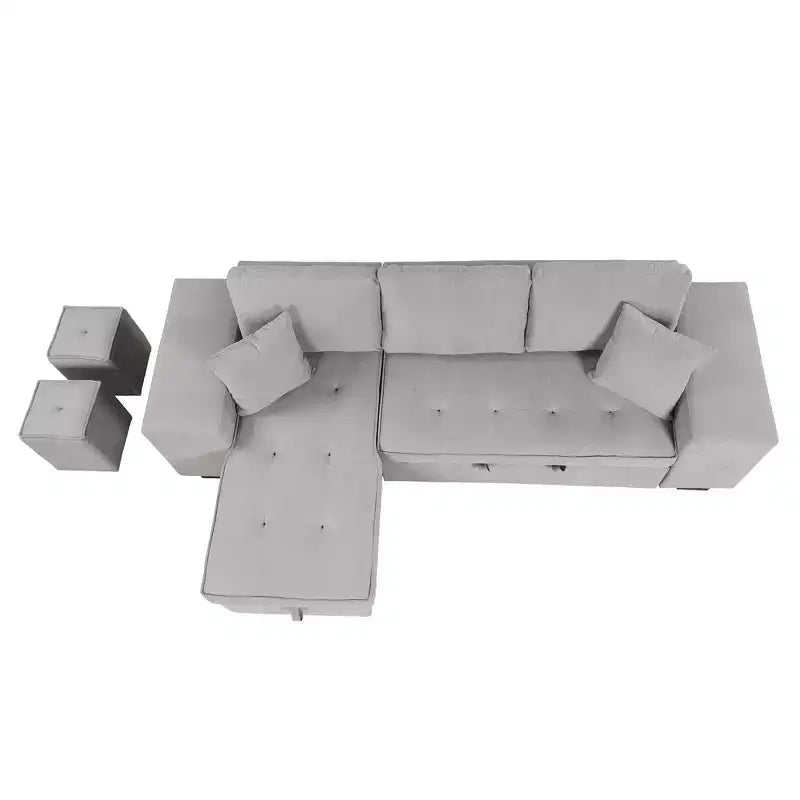 104.5 Reversible L-Shape Sleeper Sectional with Storage Chaise & 2 Stools - Convertible 3-Seat Sofa Bed for Living Room