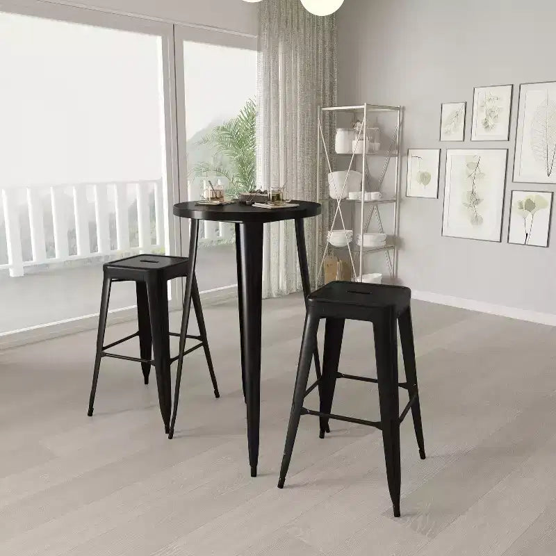 Merrick Lane Patio Set with Table and Backless Stools - Powder Coated Metal Frames for Indoor and Outdoor Use
