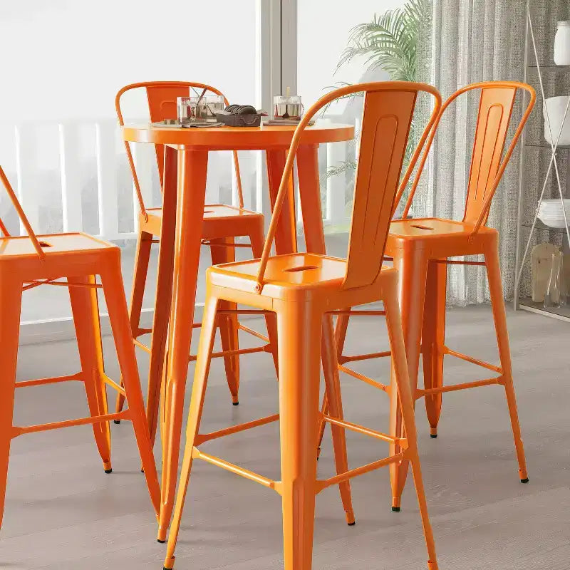 Merrick Lane Outdoor Dining Set with 24 Round Table and Slatted Back Bar Stools with Footrests