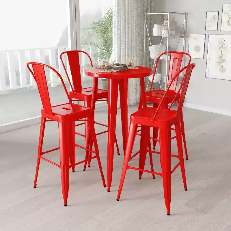 Merrick Lane Outdoor Dining Set with 24 Round Table and Slatted Back Bar Stools with Footrests