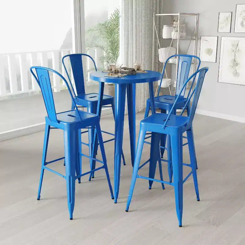 Merrick Lane Outdoor Dining Set with 24 Round Table and Slatted Back Bar Stools with Footrests