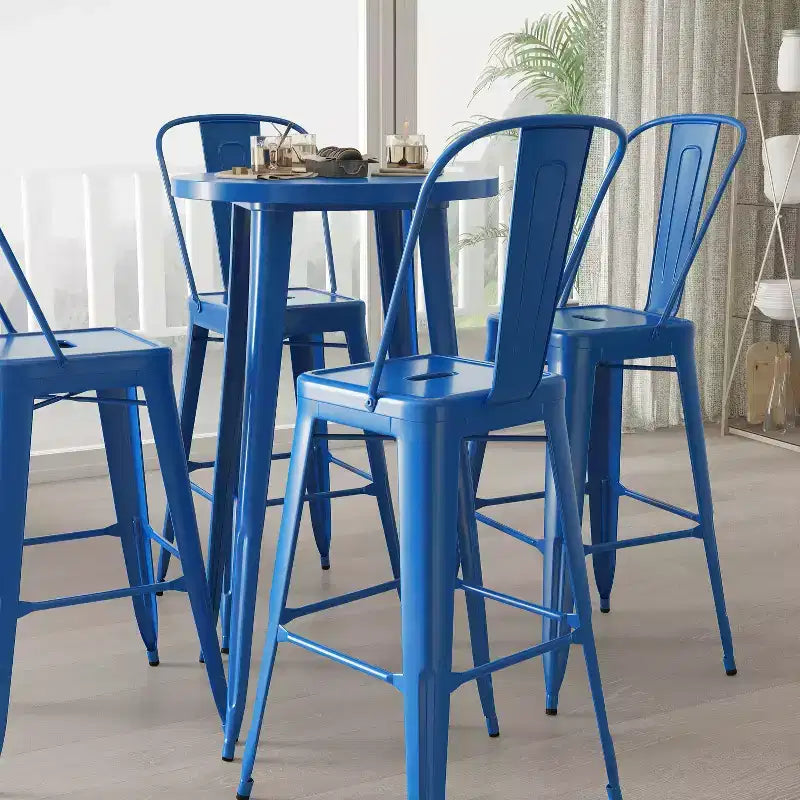 Merrick Lane Outdoor Dining Set with 24 Round Table and Slatted Back Bar Stools with Footrests