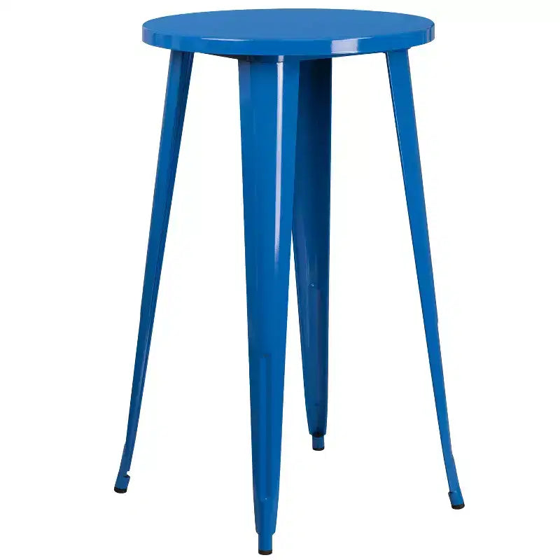 Merrick Lane Outdoor Dining Set with 24 Round Table and Slatted Back Bar Stools with Footrests