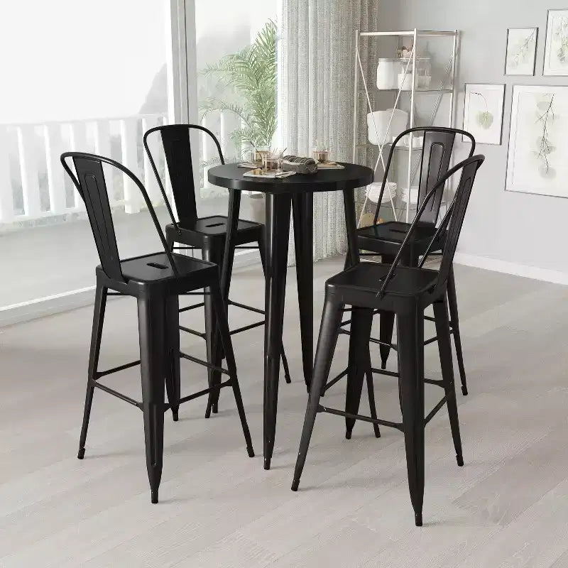 Merrick Lane Outdoor Dining Set with 24 Round Table and Slatted Back Bar Stools with Footrests