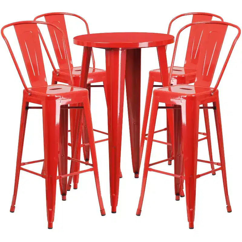 Merrick Lane Outdoor Dining Set with 24 Round Table and Slatted Back Bar Stools with Footrests