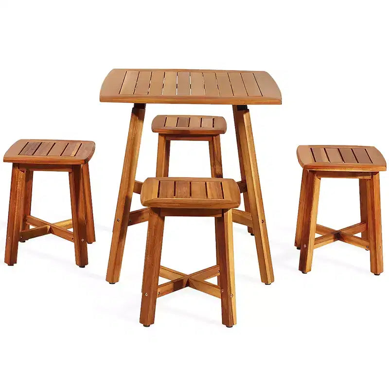 Costway Ensemble de salle à manger d'extérieur 5 pièces en acacia avec table carrée et 4 tabourets marron rougeâtre