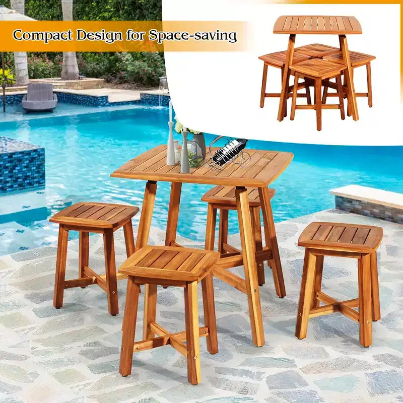 Costway Ensemble de salle à manger d'extérieur 5 pièces en acacia avec table carrée et 4 tabourets marron rougeâtre