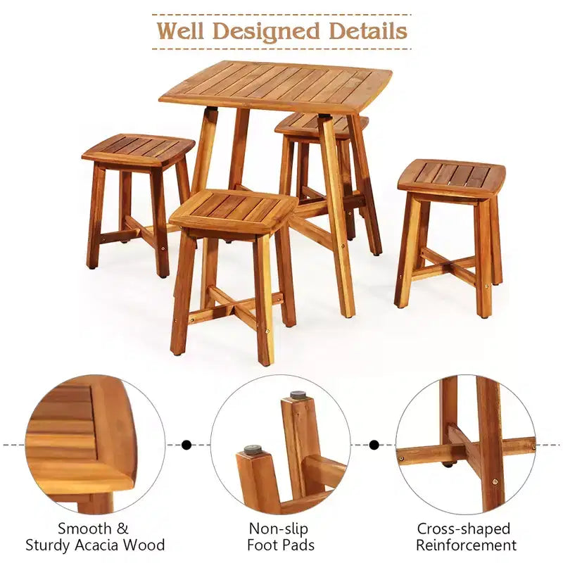 Costway Ensemble de salle à manger d'extérieur 5 pièces en acacia avec table carrée et 4 tabourets marron rougeâtre