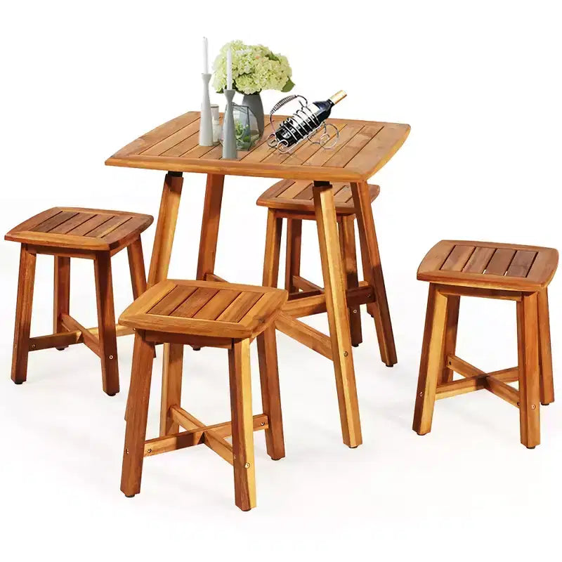 Costway Ensemble de salle à manger d'extérieur 5 pièces en acacia avec table carrée et 4 tabourets marron rougeâtre