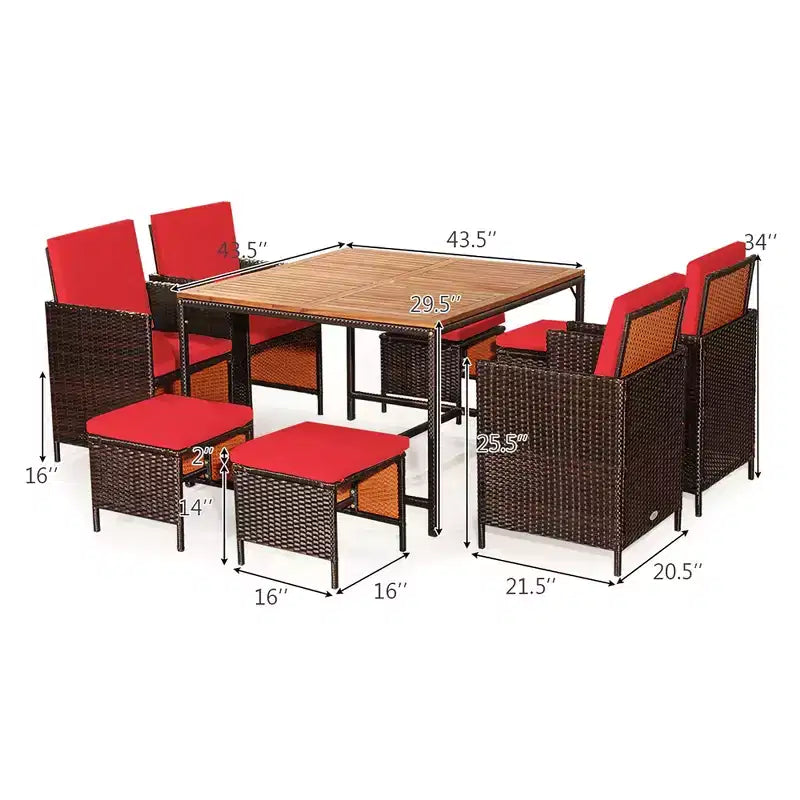 Costway Ensemble de salle à manger d'extérieur 9 pièces en rotin, chaises rembourrées, pouf, plateau de table en bois blanc/rouge/noir