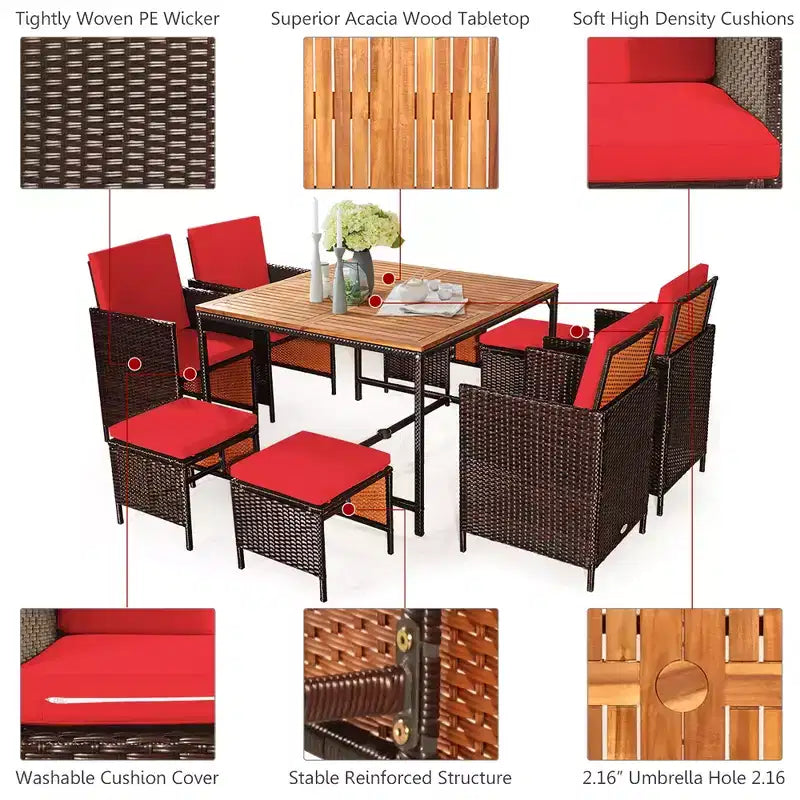 Costway Ensemble de salle à manger d'extérieur 9 pièces en rotin, chaises rembourrées, pouf, plateau de table en bois blanc/rouge/noir