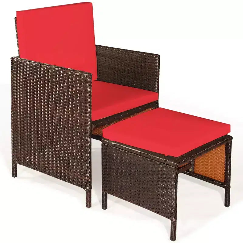 Costway Ensemble de salle à manger d'extérieur 9 pièces en rotin, chaises rembourrées, pouf, plateau de table en bois blanc/rouge/noir