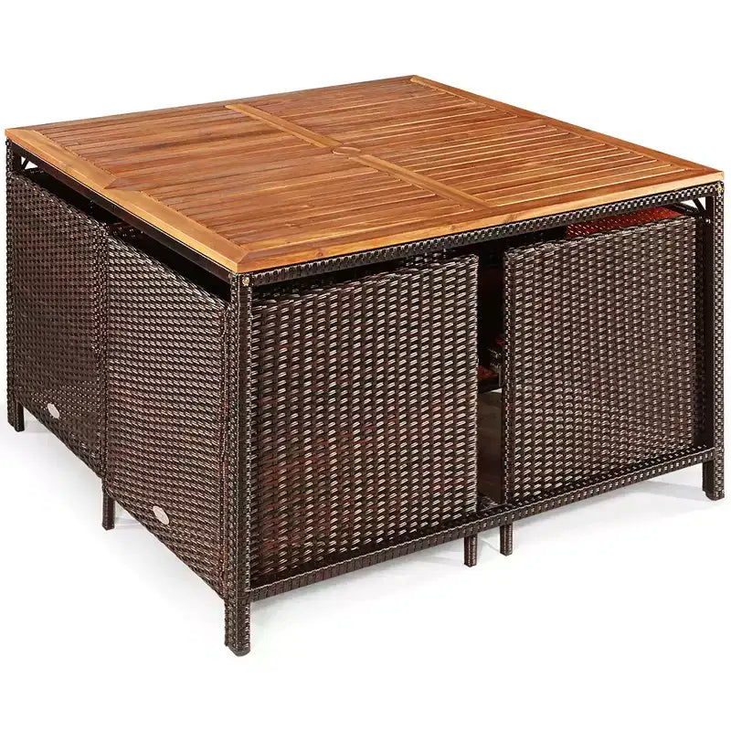 Costway Ensemble de salle à manger d'extérieur 9 pièces en rotin, chaises rembourrées, pouf, plateau de table en bois blanc/rouge/noir