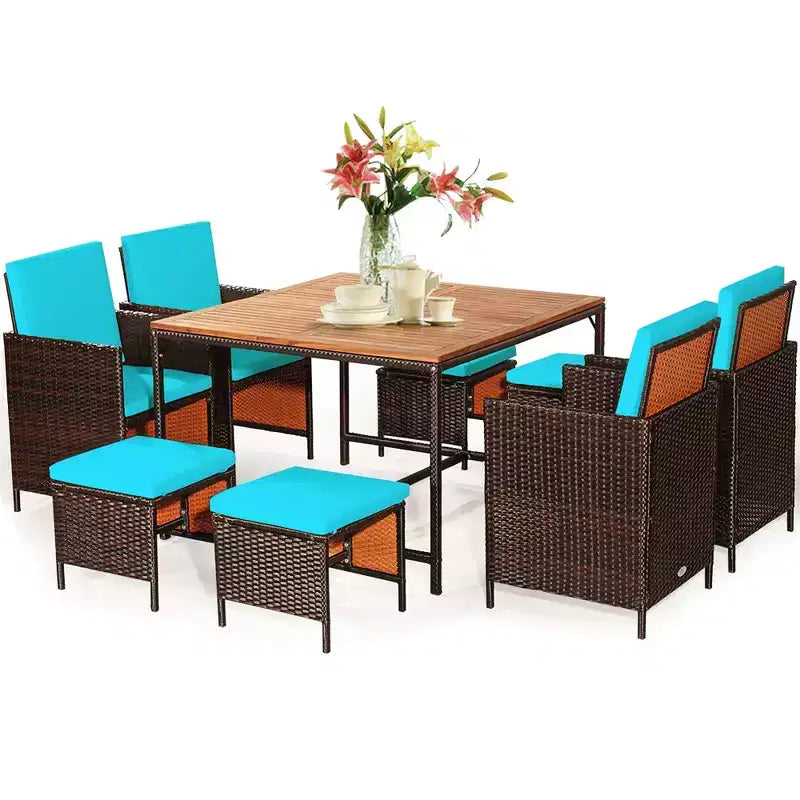 Costway Ensemble de salle à manger d'extérieur 9 pièces en rotin, chaises rembourrées, pouf, plateau de table en bois blanc/rouge/noir