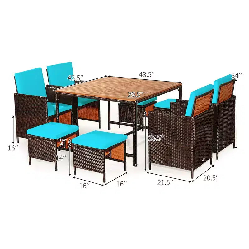 Costway Ensemble de salle à manger d'extérieur 9 pièces en rotin, chaises rembourrées, pouf, plateau de table en bois blanc/rouge/noir