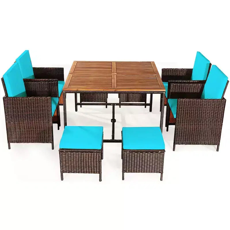 Costway Ensemble de salle à manger d'extérieur 9 pièces en rotin, chaises rembourrées, pouf, plateau de table en bois blanc/rouge/noir