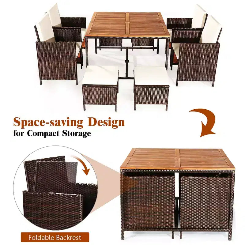 Costway Ensemble de salle à manger d'extérieur 9 pièces en rotin, chaises rembourrées, pouf, plateau de table en bois blanc/rouge/noir