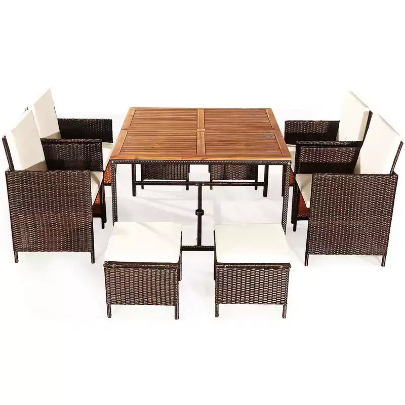 Costway Ensemble de salle à manger d'extérieur 9 pièces en rotin, chaises rembourrées, pouf, plateau de table en bois blanc/rouge/noir