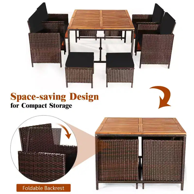 Costway Ensemble de salle à manger d'extérieur 9 pièces en rotin, chaises rembourrées, pouf, plateau de table en bois blanc/rouge/noir