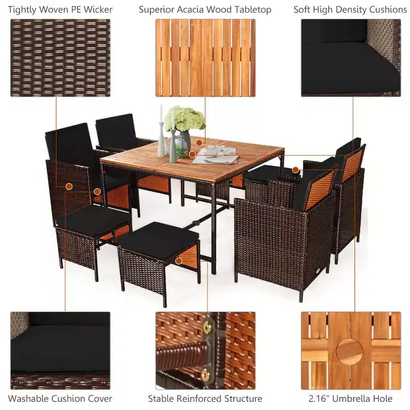 Costway Ensemble de salle à manger d'extérieur 9 pièces en rotin, chaises rembourrées, pouf, plateau de table en bois blanc/rouge/noir