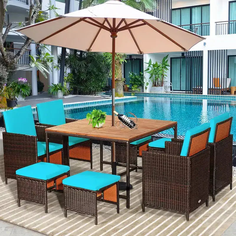 Costway 9PCS Patio Rattan Dining Set Cushioned Chairs Ottoman Wood Table Top White/Red/Black