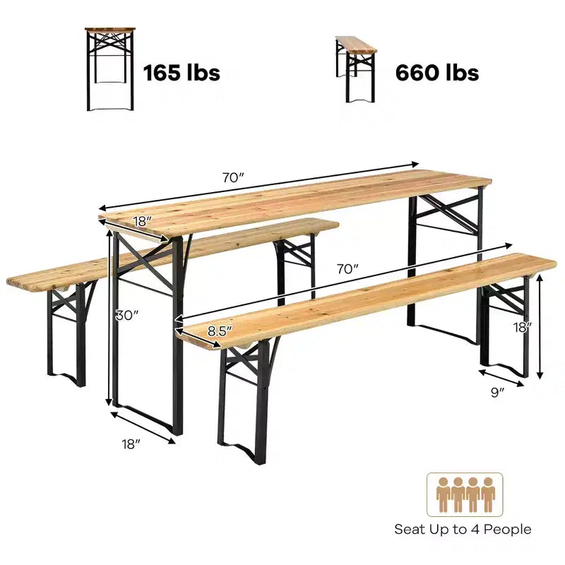Costway 3 PCS Beer Table Bench Set Folding Wooden Top Picnic Table Patio Garden
