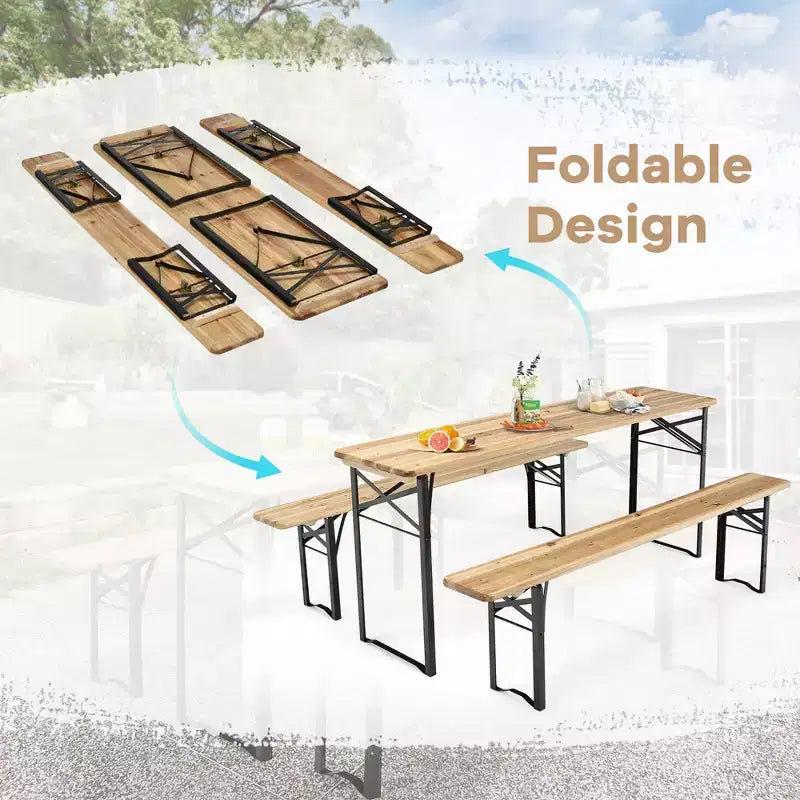 Costway 3 PCS Beer Table Bench Set Folding Wooden Top Picnic Table Patio Garden
