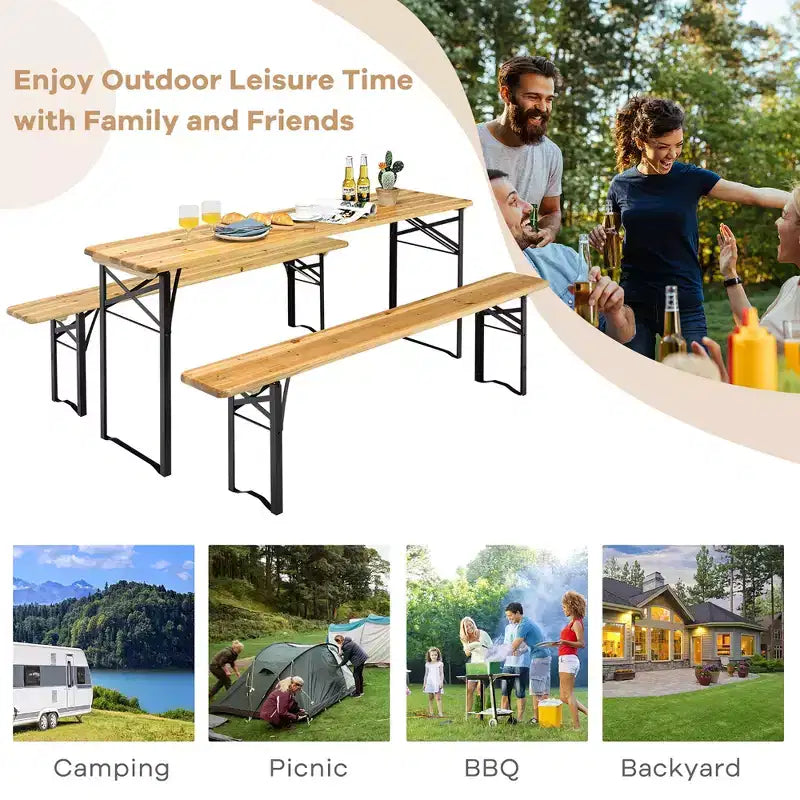 Costway 3 PCS Beer Table Bench Set Folding Wooden Top Picnic Table Patio Garden