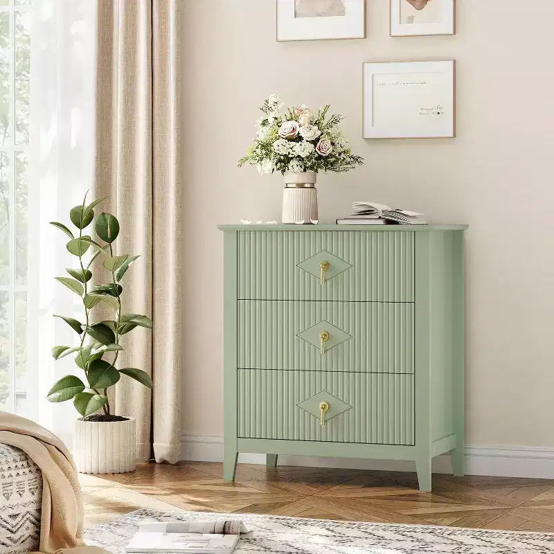 2Pcs Fluted Wood Nightstands, 27.5 Wide 3-Drawer Dresser Set, Modern Bedside Tables, Chest of Drawers for Bedroom, Living Room