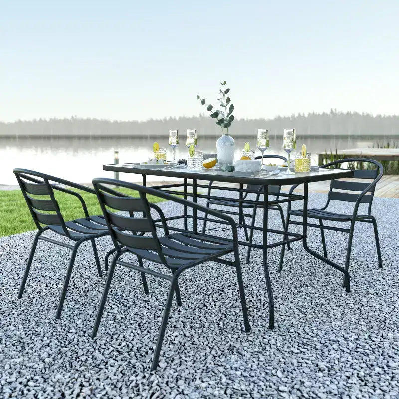 Emma and Oliver 5 Piece Patio Table & Chairs Set with 31.5x55 Rectangular Metal Table with Tempered Glass Top and 4 Black Aluminum Stacking Chairs