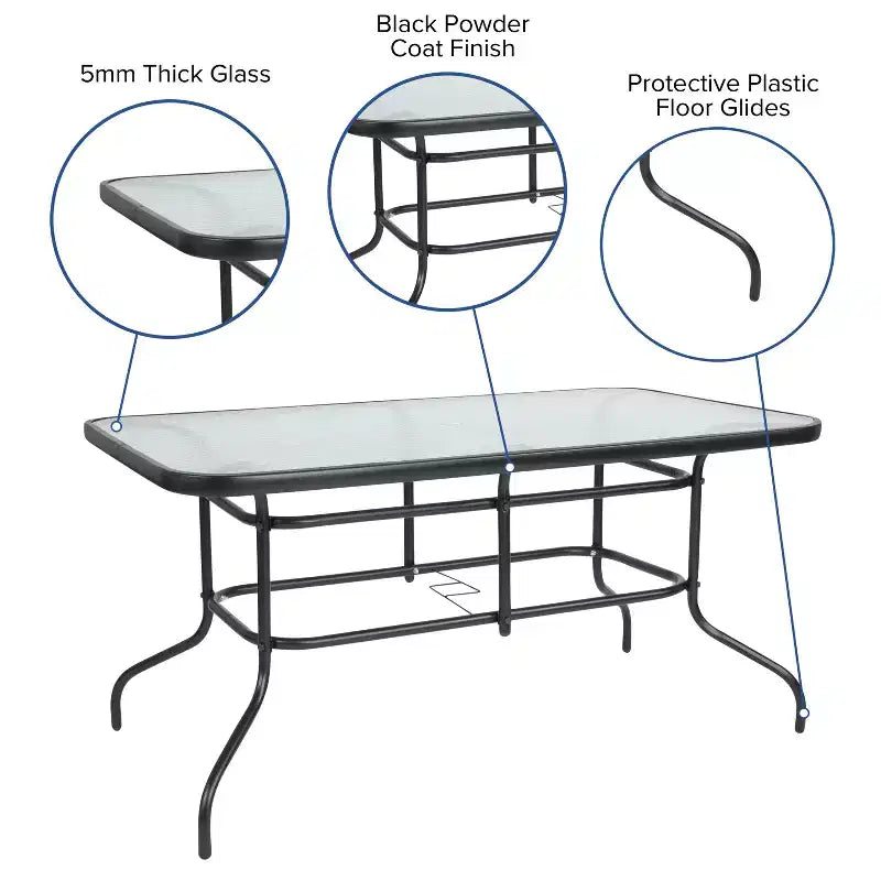 Emma and Oliver 5 Piece Patio Table & Chairs Set with 31.5x55 Rectangular Metal Table with Tempered Glass Top and 4 Black Aluminum Stacking Chairs