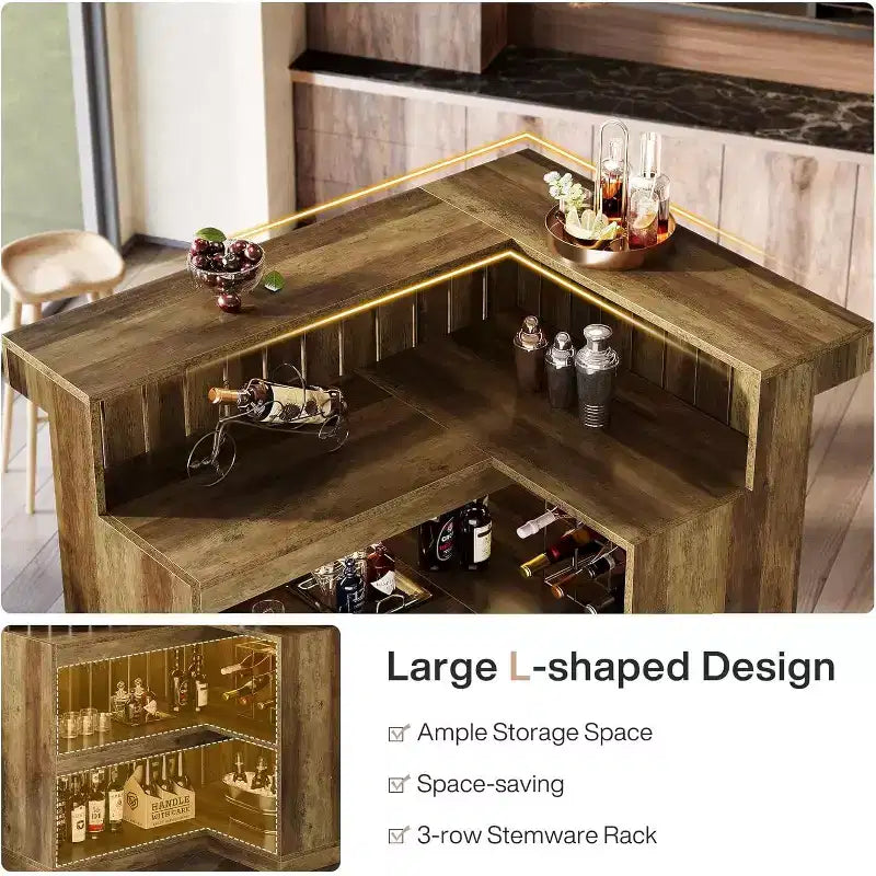Lantine L-Shaped Home Bar Unit, 4-Tier Corner Liquor Bar Table with Storage Shelves and Wine Glasses Holder for Home Pub
