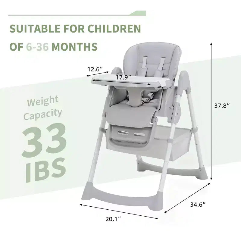 Foldable High Chair for Babies&Toddlers,PU Leather Highchair with Adjustable Backrest,Seat Height,Removable Tray,5-Point Safety Harness&Locking Wheels