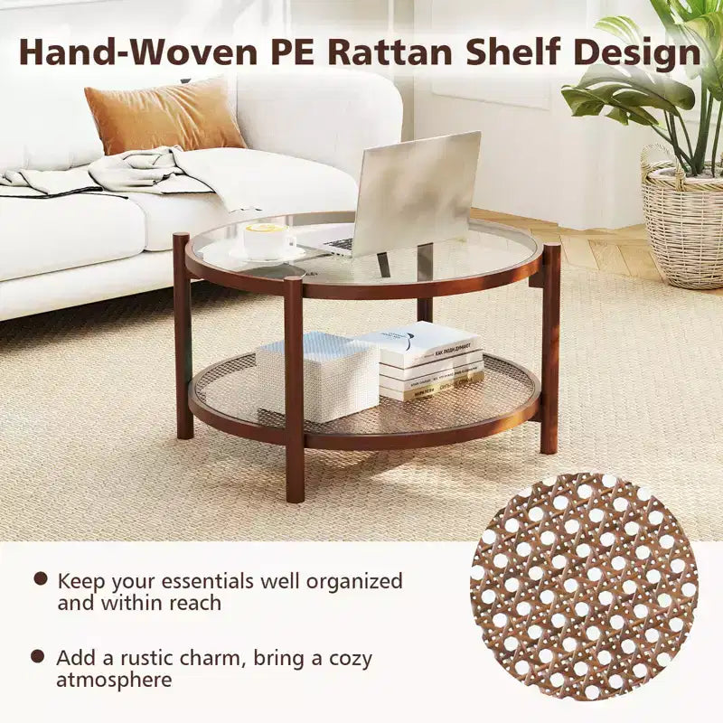 31 Round Coffee Table with Tempered Glass Top & Rattan Shelf