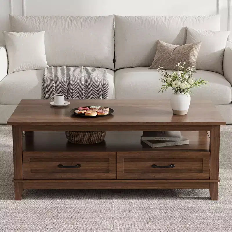 Farmhouse Coffee Table with Drawers, 47.2 Center Table Rustic Coffee Tables Brown Living Room Table, with Open Shelf and 6 Support Legs