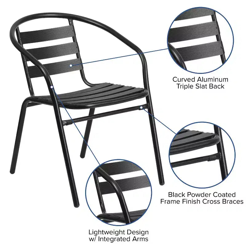 Ensemble table et chaises de terrasse Emma et Oliver 7 pièces avec table rectangulaire en métal 80x140 cm avec plateau en verre trempé et 6 chaises empilables noires en aluminium