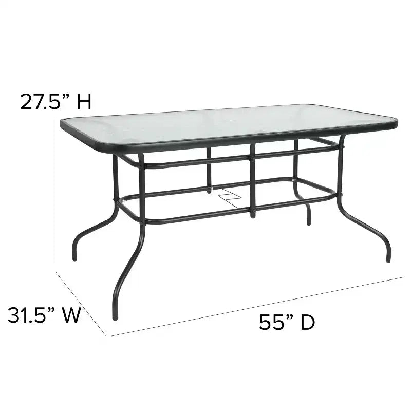 Ensemble table et chaises de terrasse Emma et Oliver 7 pièces avec table rectangulaire en métal 80x140 cm avec plateau en verre trempé et 6 chaises empilables noires en aluminium